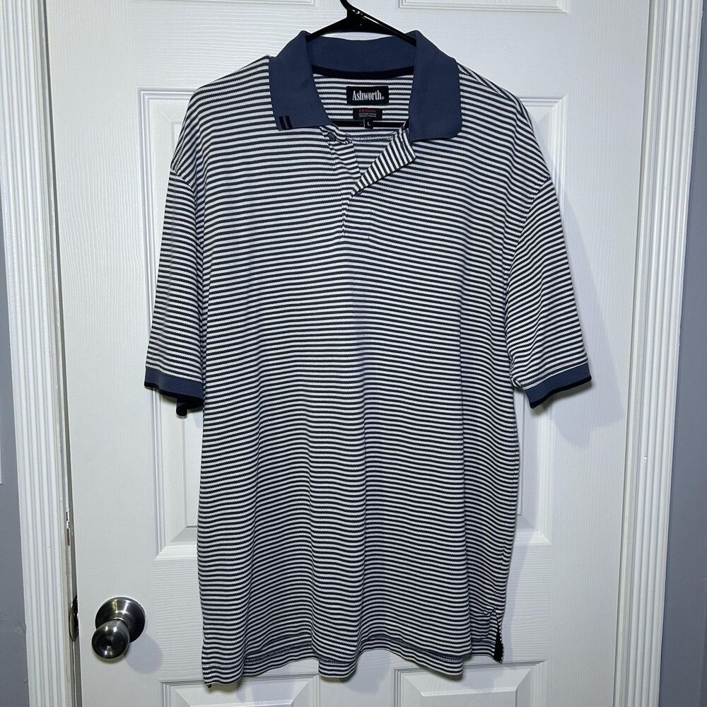 Ashworth Polo Shirt Men's Large Blue Striped EZ-TECH Golf Moisture Wicking